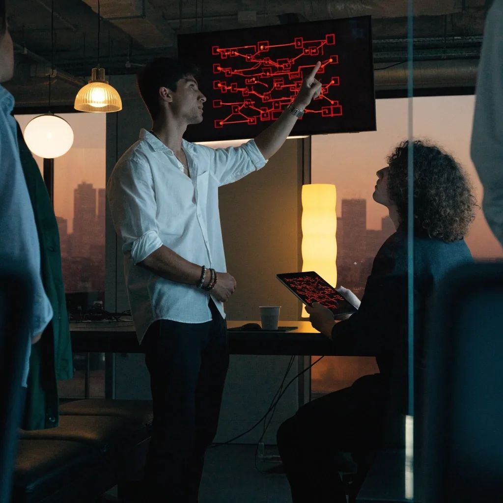 Sidebench team annotating a retrieval flow beside a screen of document results at dusk