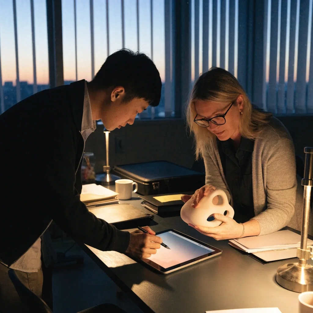 Sidebench studio at dusk with desk lamps on and city lights beyond the window