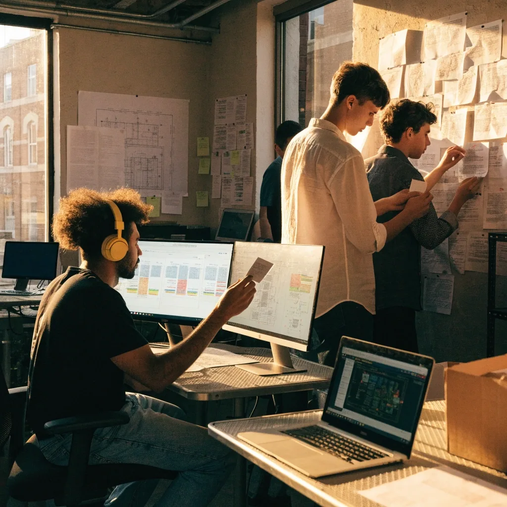 Sidebench team reviewing printed evaluation sheets on a studio wall in late afternoon light