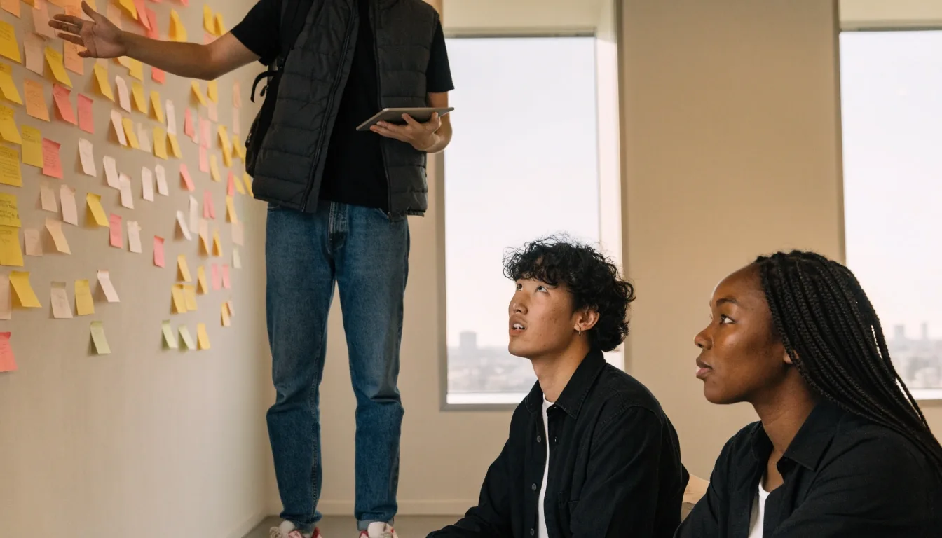 Sidebench team reviewing a product sketch together in the Los Angeles studio