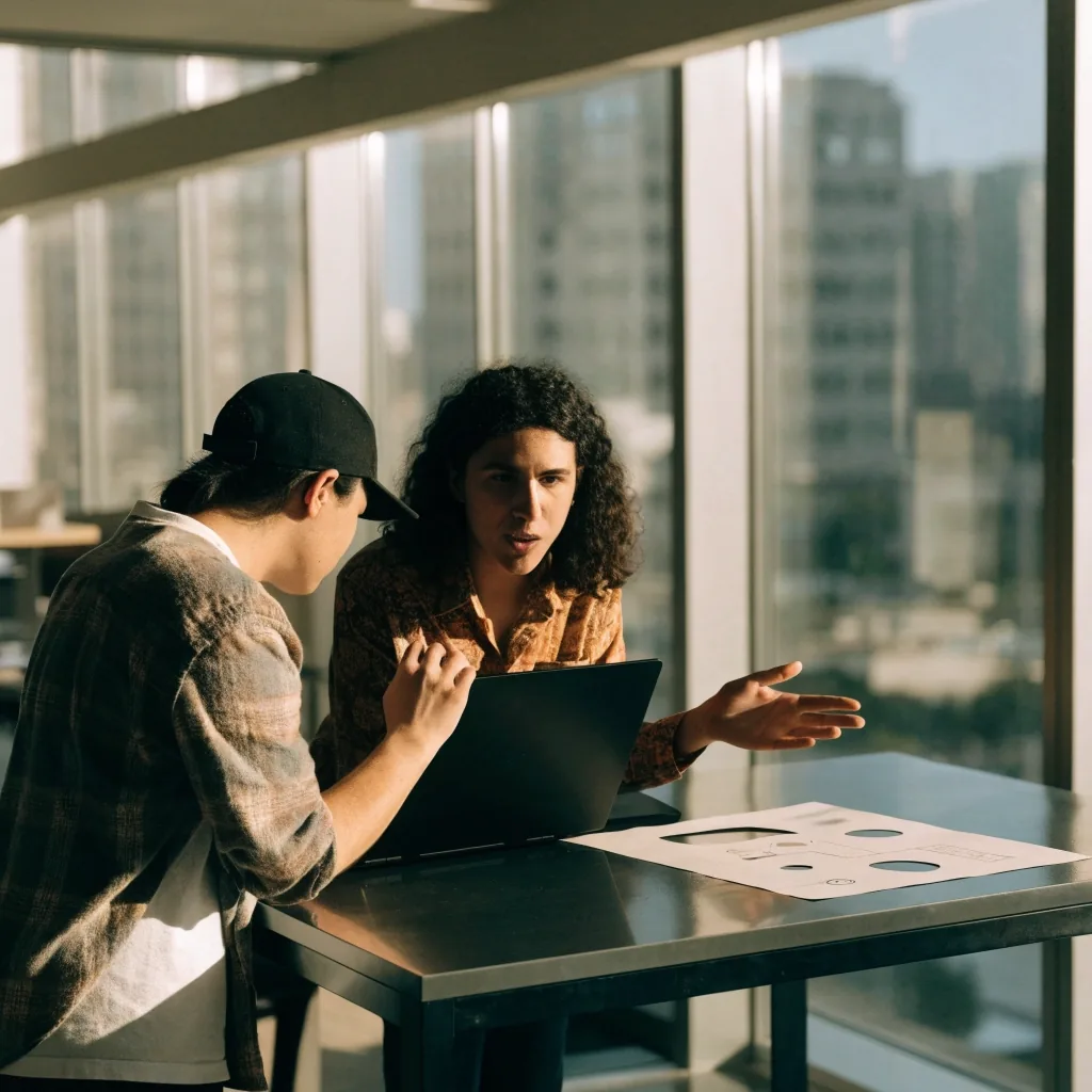 Two Sidebench designers and engineers working side by side on one laptop