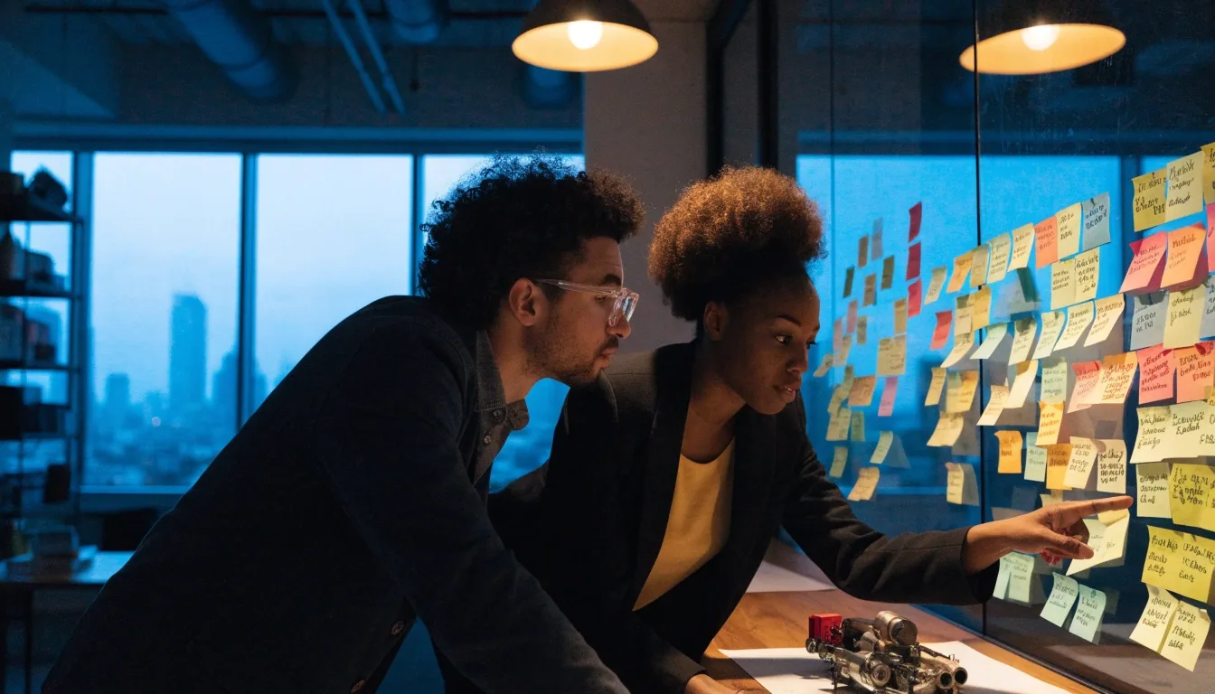 A quiet Los Angeles studio at dusk with soft-focus laptops and hand-drawn interface sketches on a whiteboard