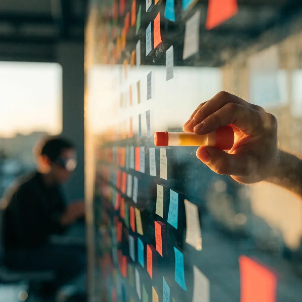 A product roadmap marked up on a glass wall with colored notes in a Los Angeles studio