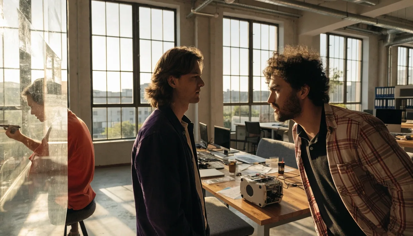 A software team gathered around a worktable in a Los Angeles loft office, reviewing a project on a glass panel