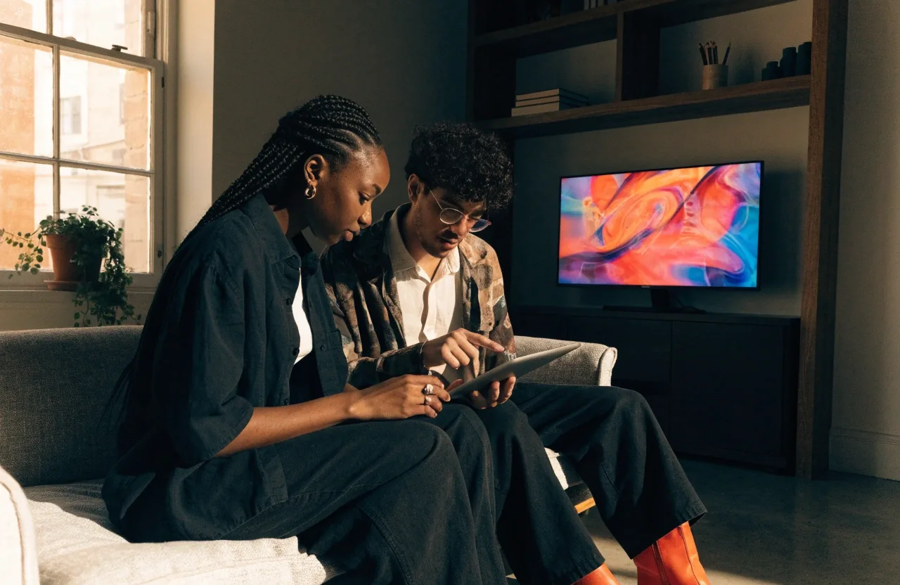 Designer reviewing a mobile app layout during a studio design review