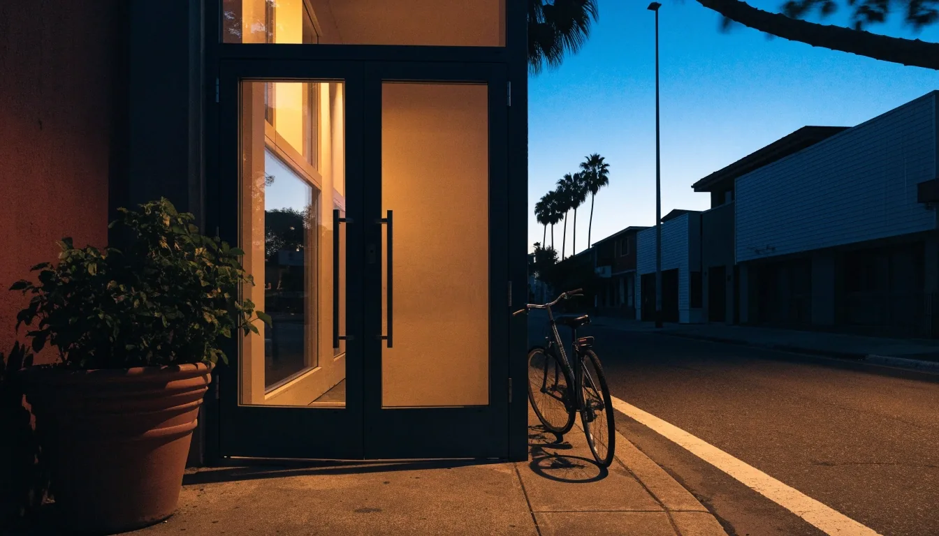 Los Angeles studio building exterior at dusk