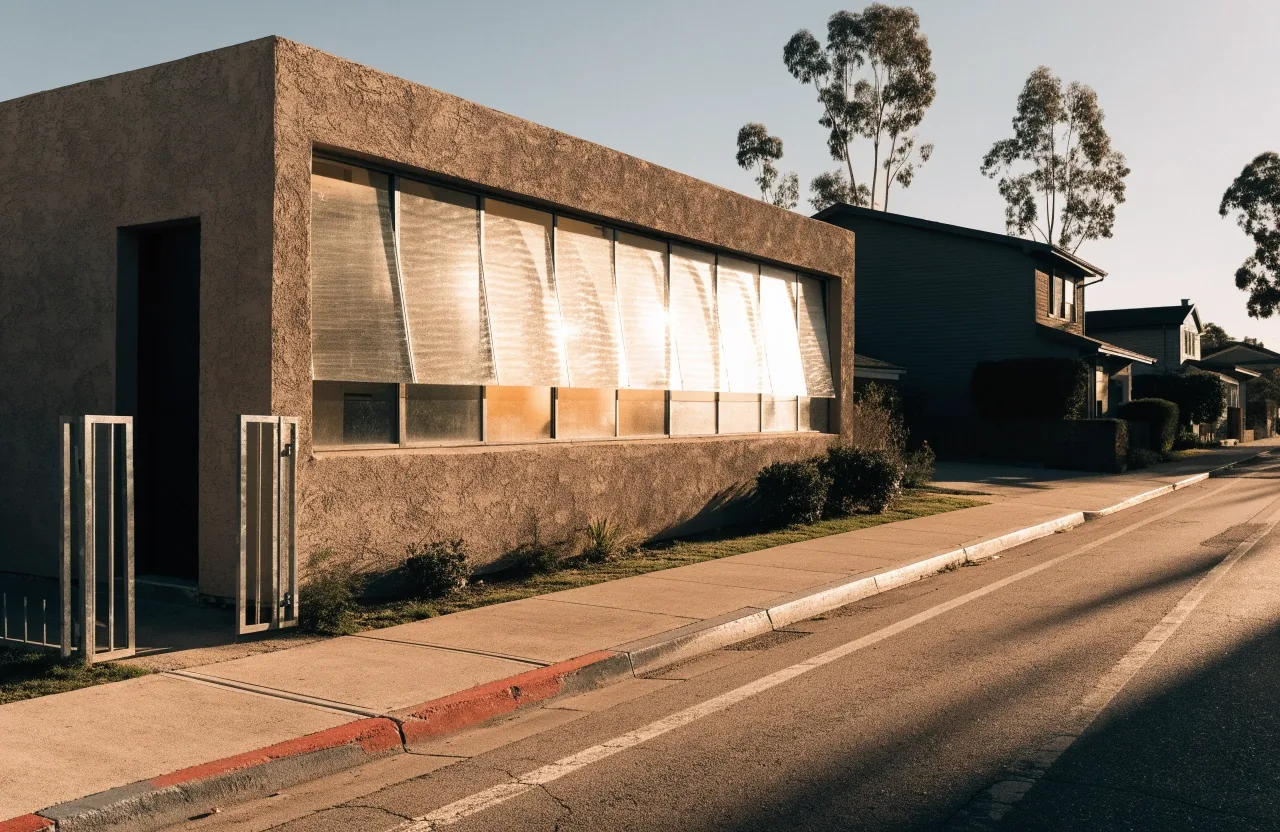 The Sidebench office entrance on a quiet Los Angeles street at the end of the day