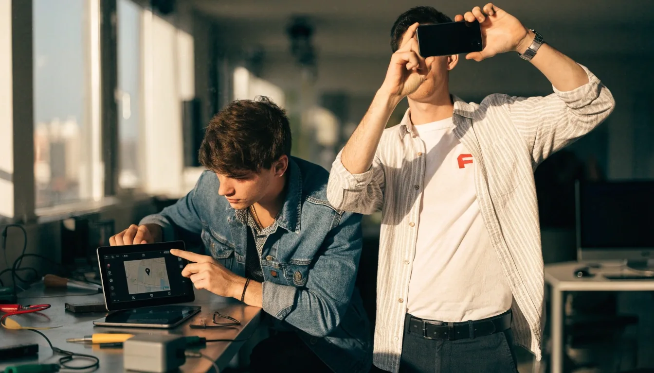Sidebench designer showing an app in progress on a smartphone to a developer