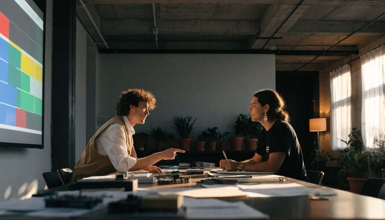 Sidebench studio in late afternoon with engineers in conversation at the shared desk