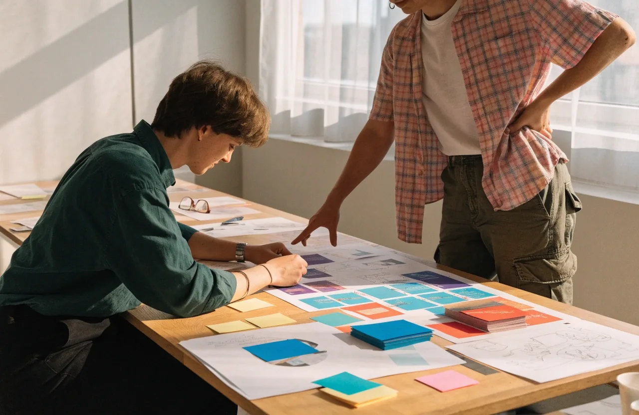 Designers discussing interface and journey cards pinned along a studio wall in Los Angeles