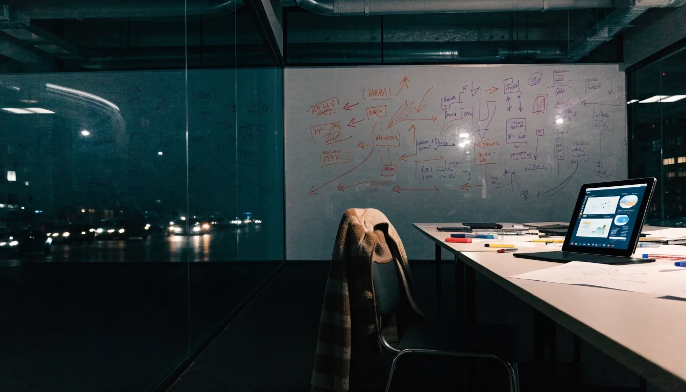 Empty studio meeting table by a tall window with evening city rooftops in Los Angeles