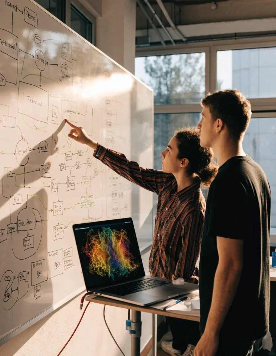 Engineer reviewing an AI retrieval pipeline at an angled glowing monitor in a dim Los Angeles office