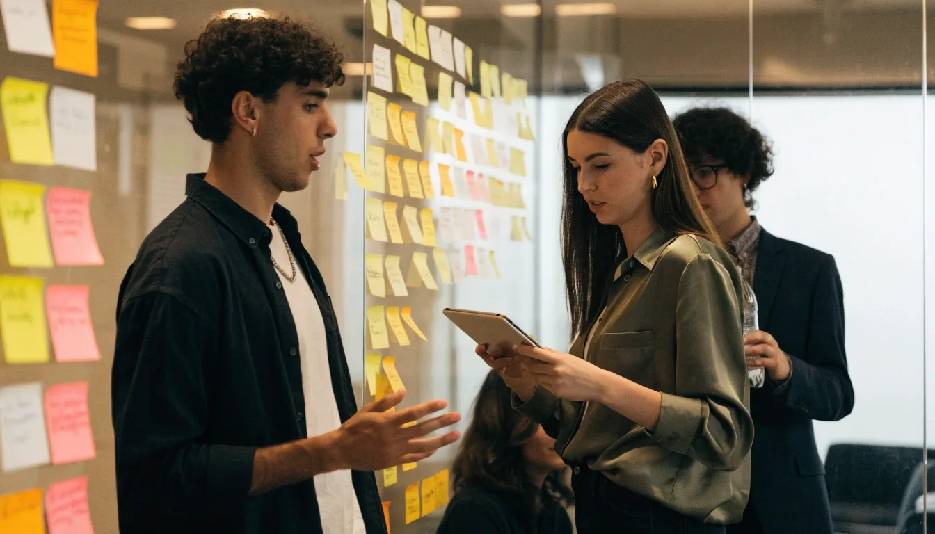 Product team standing at a glass wall of colored notes during a delivery standup in Los Angeles