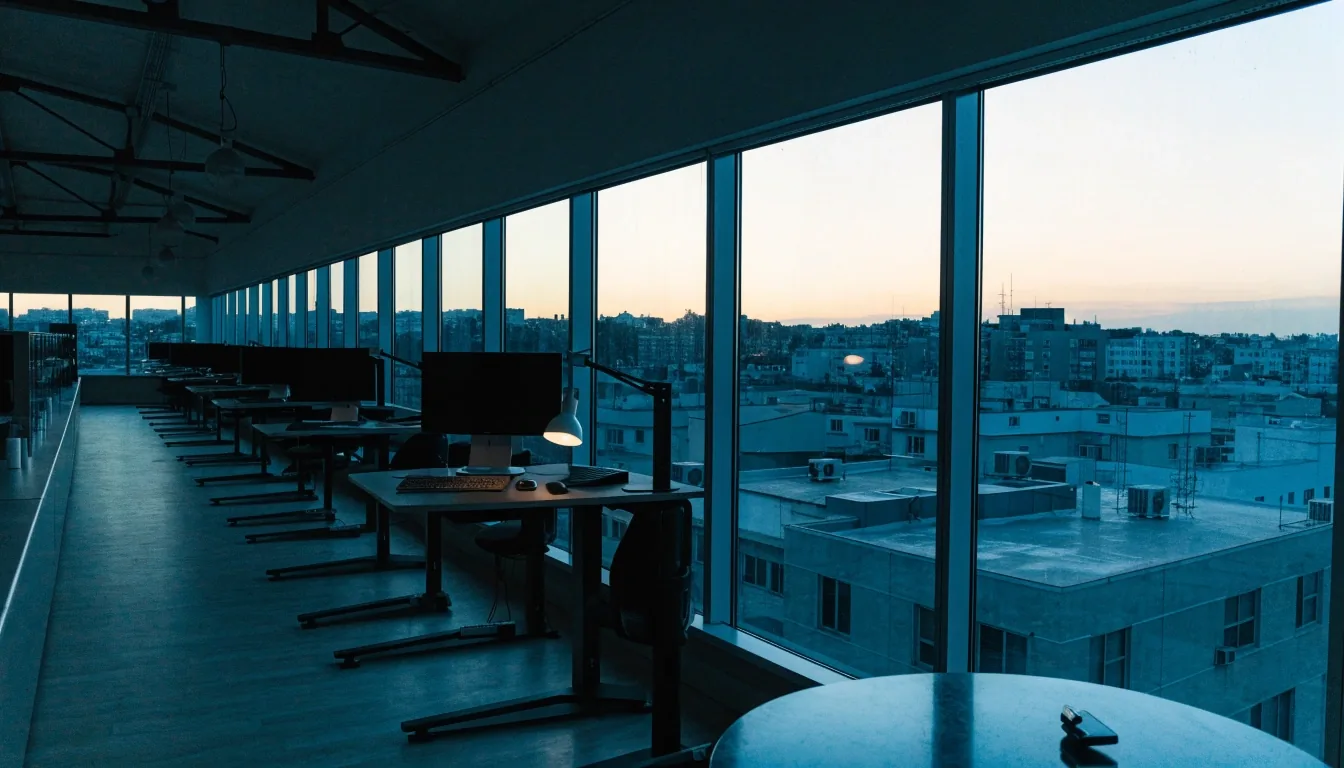 The Sidebench studio floor at dusk with monitors powered down