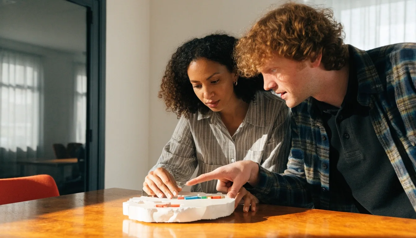 A designer and engineer working side by side at a shared studio table