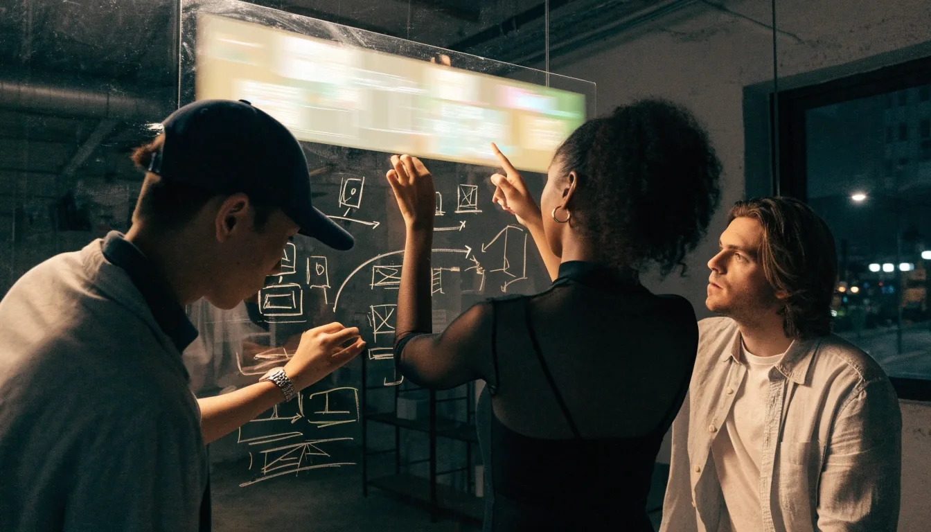 A design and engineering team reviewing an early interface flow together in a studio