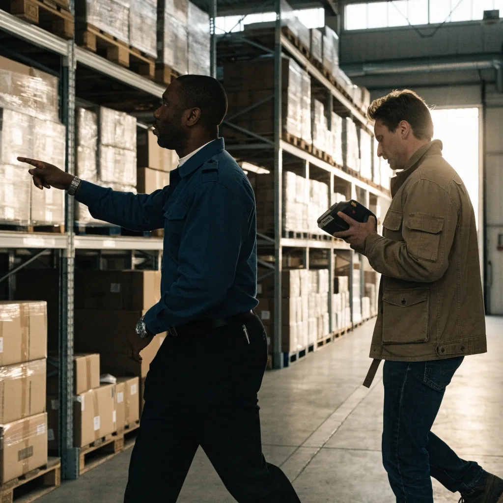 Operations team walking a warehouse floor while checking a handheld tool for scheduling work