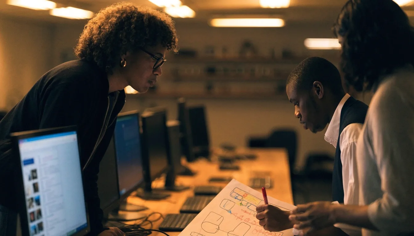 Support team reviewing a search result list and annotating a workflow sketch together