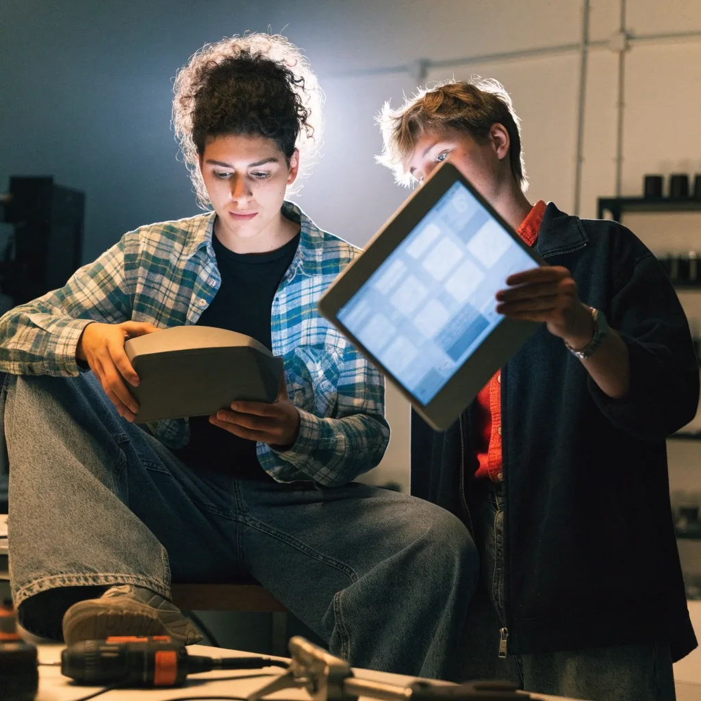 Two Sidebench team members reviewing a hardware prototype and a glowing interface at a studio workbench